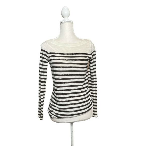 Ann Taylor LOFT Boat neck embellished blouse Sz Small Striped Ivory Long Sleeve - Picture 2 of 10